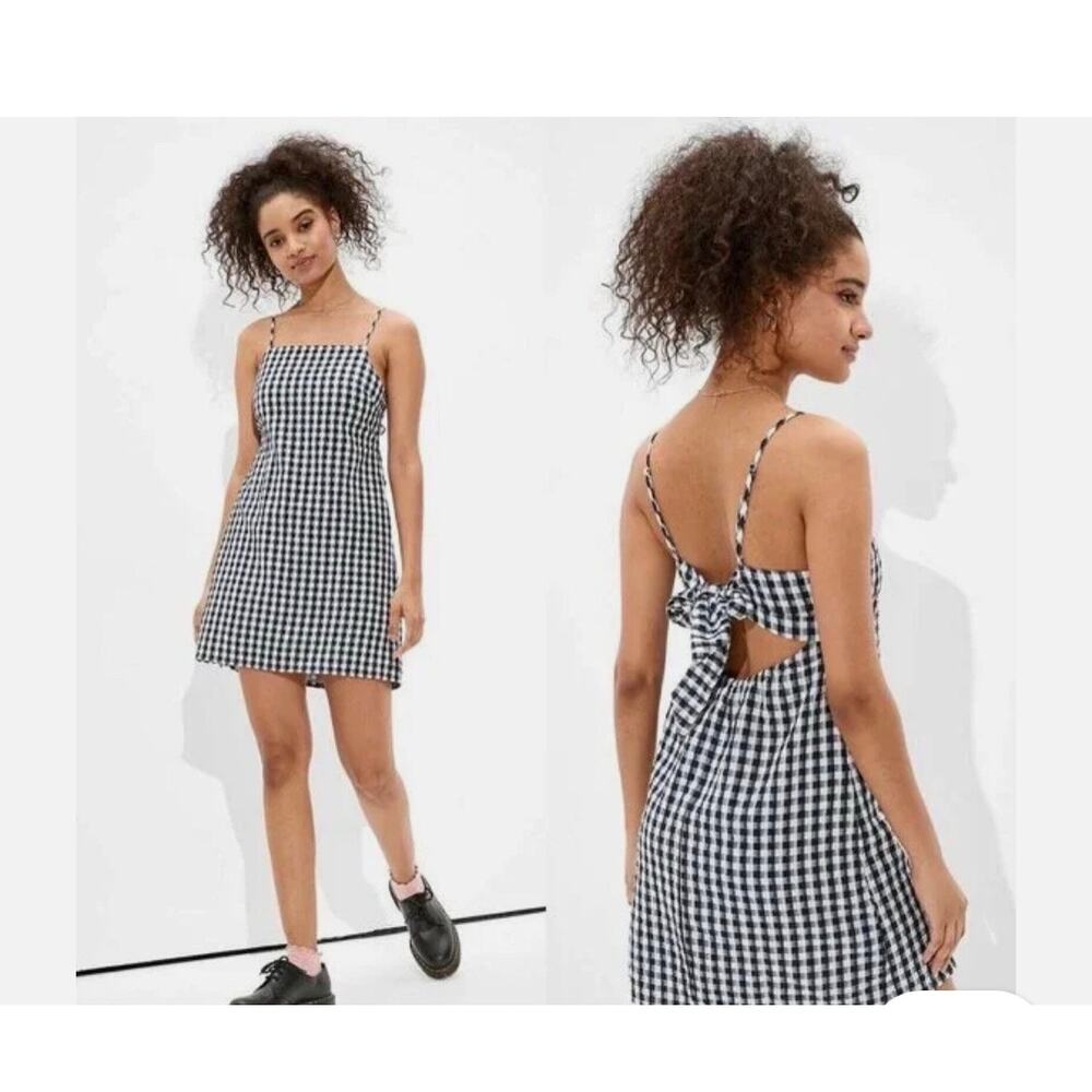 American Eagle - Navy + White Gingham Tie Back Square Neck Mini Dress Size XS